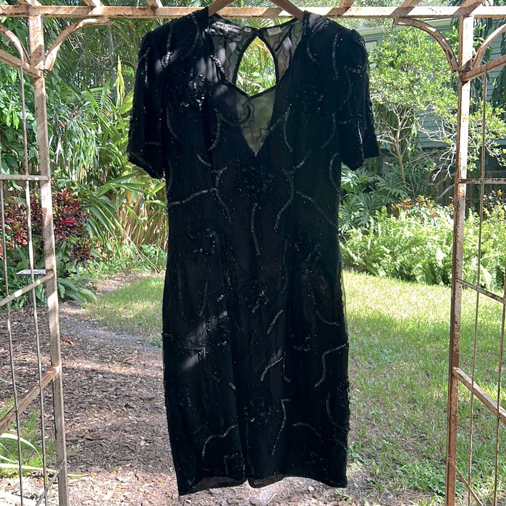 Vintage black silk sequin made in India sheath open back midi dress